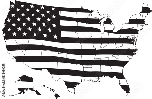United States Map Silhouette with American Flag Stripes and Stars vector illustration