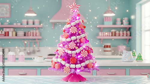 Candy-Themed Christmas Tree in Cozy Kitchen Setting, Digital Art, Whimsical Atmosphere, Bright Viewpoint