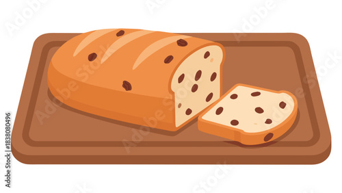 A Delicious Raisin Loaf Bread Freshly Baked and Sliced on a Wooden Cutting Board with a Dark Wood Grain Texture Illuminated by Soft Natural Light