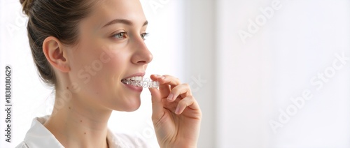 A young woman holds a transparent clear aligner. Invisible dental brace for teeth straightening. Orthodontic treatment concept with copy space