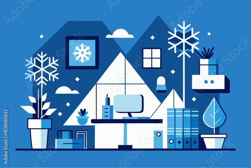 Winter themed office interior with desk, computer, documents and plants in flat minimalistic style, decorated with snowflakes and seasonal elements