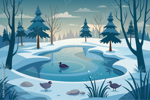 Winter landscape with frozen pond, ducks, snowy forest and pine trees at sunset in flat vector style illustration