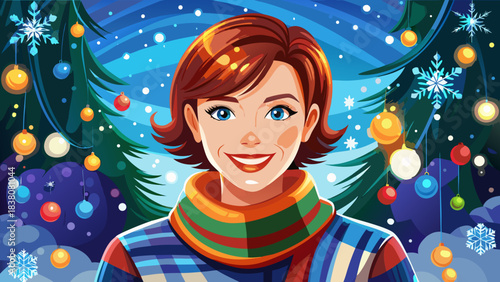 Very beautiful close-up winter portrait of a smiling woman in a colorful striped sweater, short hair glowing in soft holiday lights, holding her collar gently as snowflakes fall around her in a cozy 