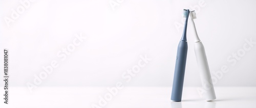 Two modern electric toothbrushes for a couple's daily oral hygiene. Dental care and wellness concept on a minimalist white background with copy space