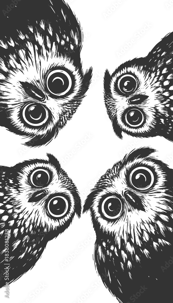 Naklejka premium wide-eyed owls peeking downward with expressive faces sketch engraving generative ai raster illustration. Scratch board imitation. Black and white image.