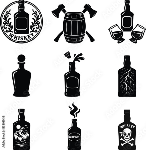 Elegant whiskey silhouette bundle set containing various drink shapes perfect for vintage themed