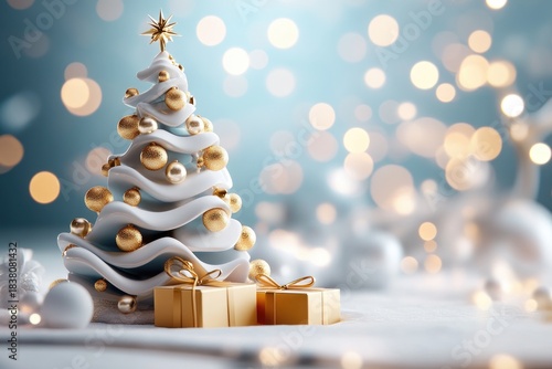 Elegant holiday scene with golden decor and christmas tree against soft bokeh lights
