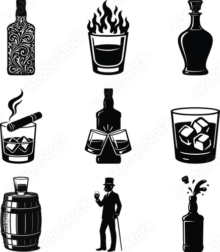 Luxury whiskey silhouette bundle set featuring well crafted bottle and glass designs