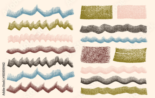 Straight, short, wavy, and zigzag lines drawn with charcoal on canvas. Rough, bold brushstrokes on the canvas. Abstract black elements for collage and design. Vector text boxes, a set of frames.