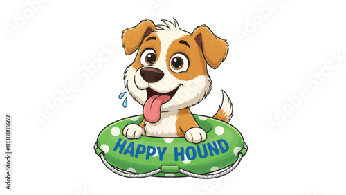 Adorable Cartoon Happy Hound Dog Character in Green Inner Tube with Polka Dots Summer Fun and Pets Illustration