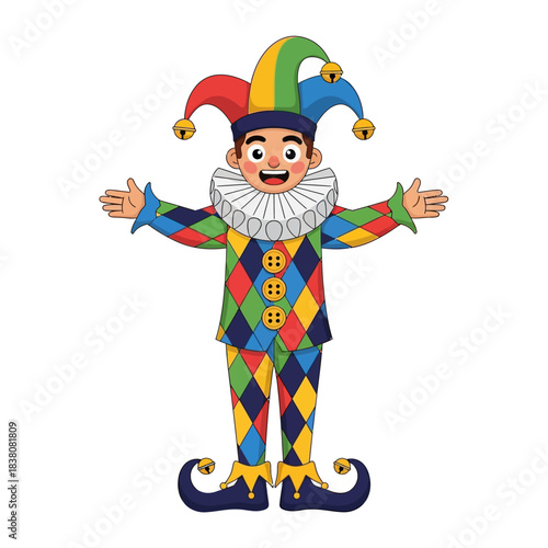 Colorful jester character with outstretched arms creating a cheerful ambiance