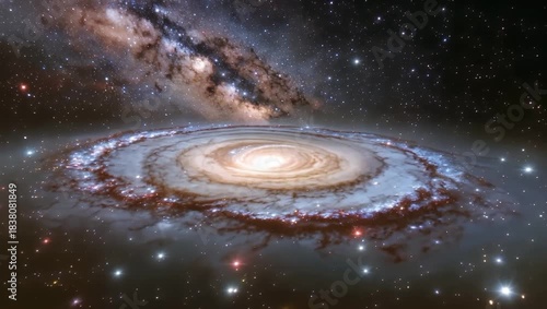 Tilted angle of a spiral galaxy with prominent dust rings and star clusters.