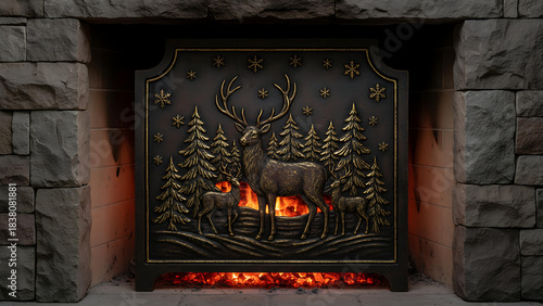 Fireplace signed with a deer and pine trees design
