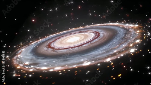 Distant view of a galaxy disc floating in a star-rich deep space field.