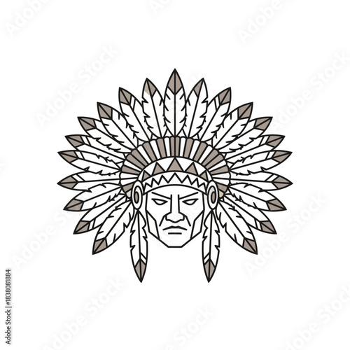 Detailed line drawing depicting the chief native american warrior with feathered headdress