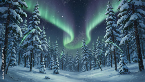 Spectral Northern Lights Above Snow-Covered Trees