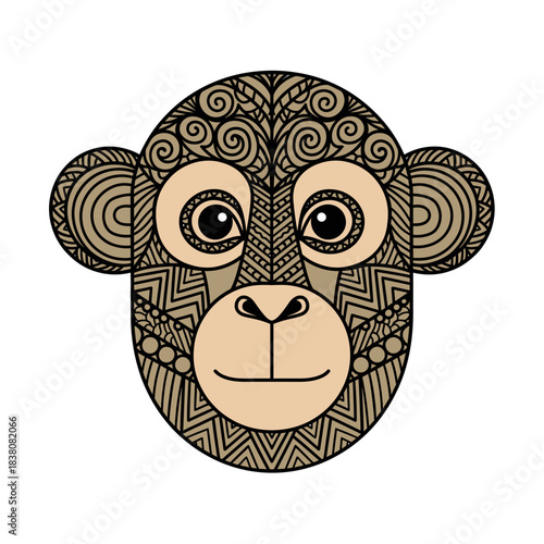 Stylized monkey face illustration with intricate pattern design and expressive eyes animalistic