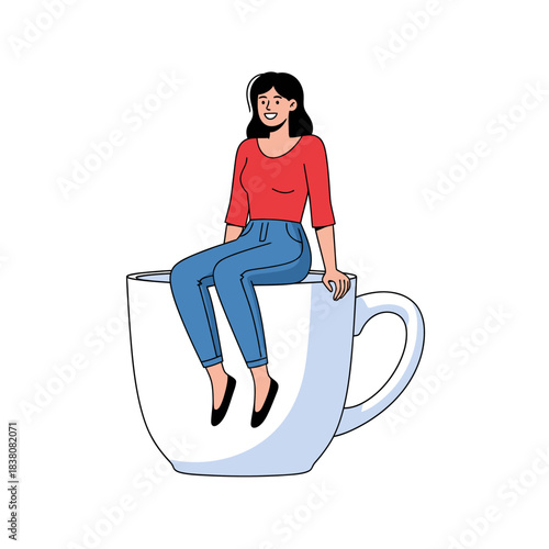 Whimsical illustration of a woman seated on an oversized teacup symbolizing relaxation or break