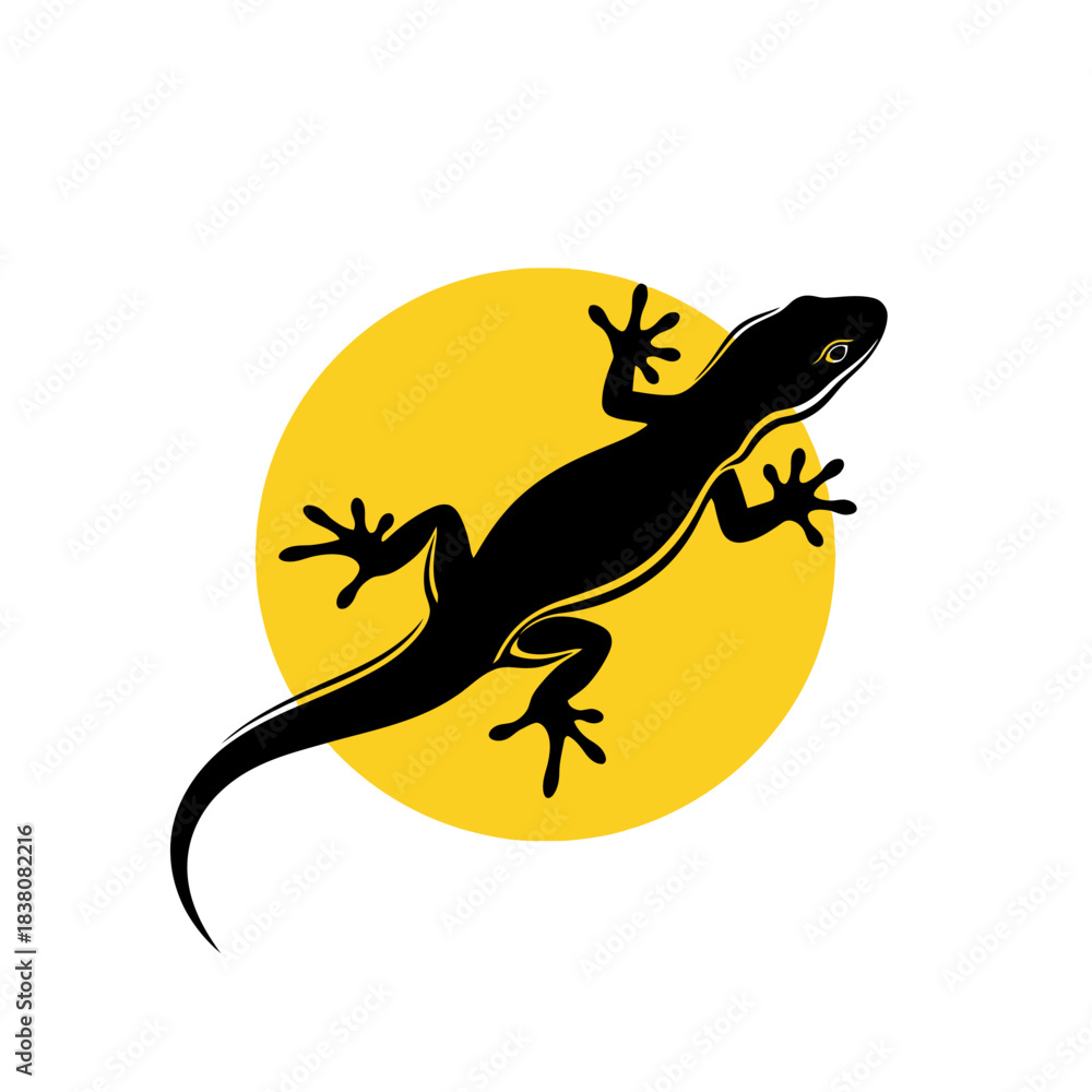 Fototapeta premium Stylized gecko silhouette against a vibrant yellow circle creating a modern design