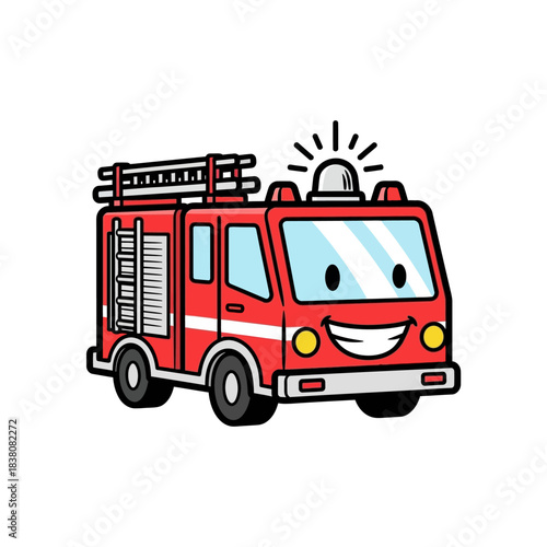 Cheerful cartoon fire engine illustration with a playful smiling face ready for action