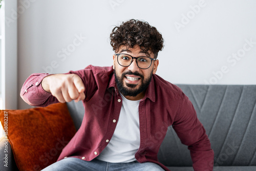 Konstfotografi Angry man pointing finger with emotion, making an accusation or blame