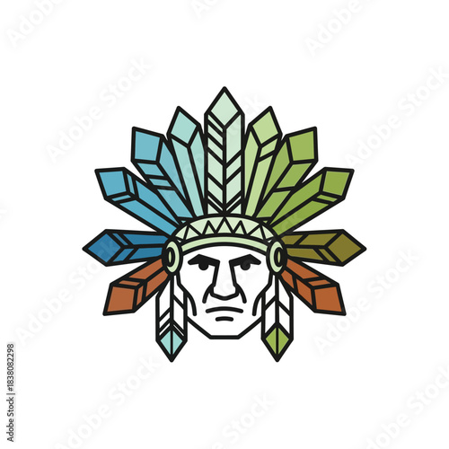 Stylized native american leader emblem design in vibrant geometric feather headdress minimal 55