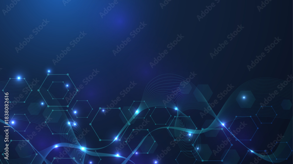 Obraz premium Health care or medical abstract background with hexagons, lines and dots. Scientific innovation banner template concept. Biology and pharmaceutical technology background. Vector illustration.