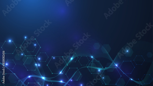 Health care or medical abstract background with hexagons, lines and dots. Scientific innovation banner template concept. Biology and pharmaceutical technology background. Vector illustration.