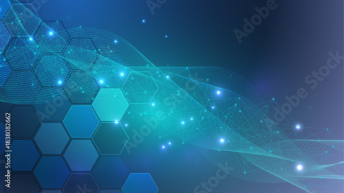 Modern science background with lines, dots and hexagons. Wave flow abstract background. Molecular structure for medical, technology, chemistry, science. Vector illustration