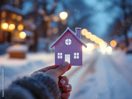 Fototapeta Naklejka Na Ścianę i Meble -  Hand holding a small house icon on a blurred evening street illustrating urban living, real estate choices, and modern residential lifestyle.