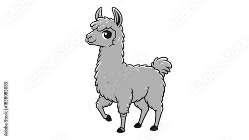Cute Gray Cartoon Llama Standing on White Background Adorable Animal Illustration for Kids Design and More