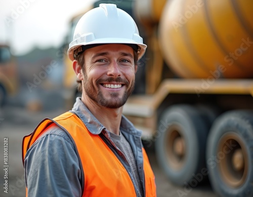 Smiling worker in hard hat and safety vest poses. Man at construction site looks at camera. Concrete mixer truck in background. Construction industry job site. Building project.
