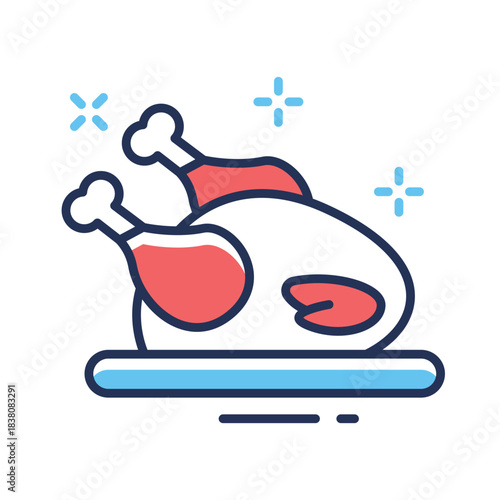 Festive meals, roasted turkey chicken flat outline vector