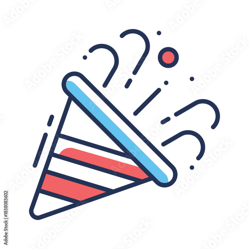 Well designed flat outline icon of party popper with confetti explosion for events