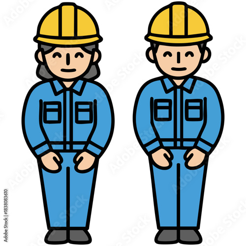 作業員が青い作業着とヘルメット姿で静かにお辞儀する様子を描き、しっとりとした雰囲気の中に希望や調和を感じさせるイラストです。安全教育や現場案内、説明資料にも使いやすい落ち着いた印象