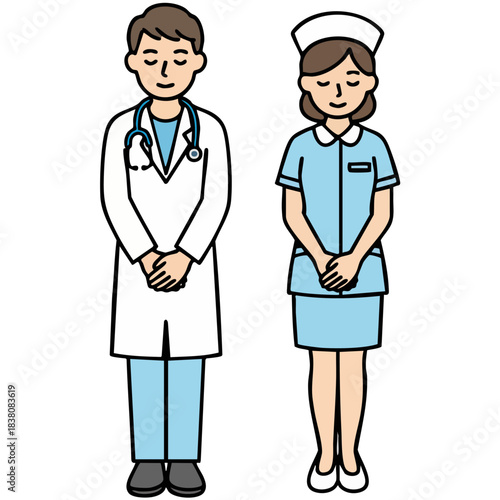 医師と看護師が静かにお辞儀する姿を描き、やわらかで清潔感のあるイラスト　医療説明や施設紹介