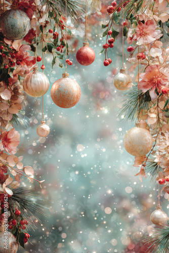 Christmas baubles and decorative elements creating a festive border with sparkling bokeh