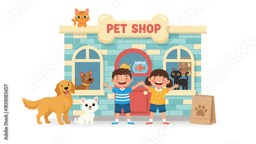 Happy Children and Adorable Pets Outside a Charming Pet Shop Building Vector Illustration