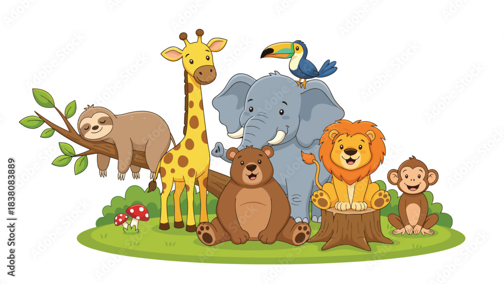 Naklejka premium Cute Cartoon Animals Group in Jungle Setting Safari Adventure Fun