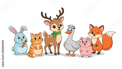 Adorable Cartoon Forest Animals Cute Rabbit Cat Deer Duck Pig Fox Friends Childrens Illustration