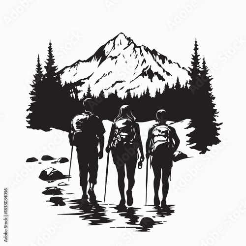 Adventure Trekkers Walking to Mountains Silhouette Design