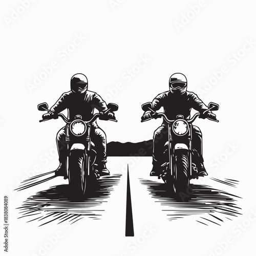 Two Motorcyclists Riding Together on Highway Silhouette Vector