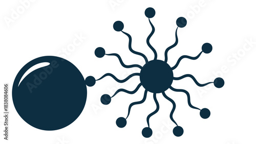 Abstract Dark Blue Spherical Object with Tentacles and Attached Orb on Black Background Conceptual Graphic