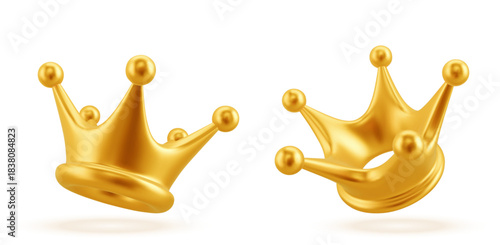 3D Gold Crown Icon Isolated on White. Render Golden Crown Symbol. Rating or Status Signs. Realistic Vector Illustration