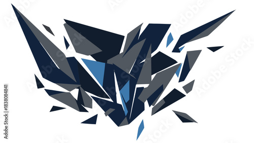 Abstract Geometric Explosion of Dark Blue and Grey Jagged Shards Against Black Background Dynamic Shattering Effect Detailed Digital Art
