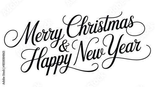 Elegant “Merry Christmas & Happy New Year” hand-lettered script typography with flowing flourishes in black for festive holiday greeting cards and seasonal graphics