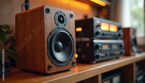 Wallpaper Mural Vintage wooden speaker sits on shelf near stereo equipment. Retro audio setup with classic analog player. Warm ambient light on entertainment system. Torontodigital.ca