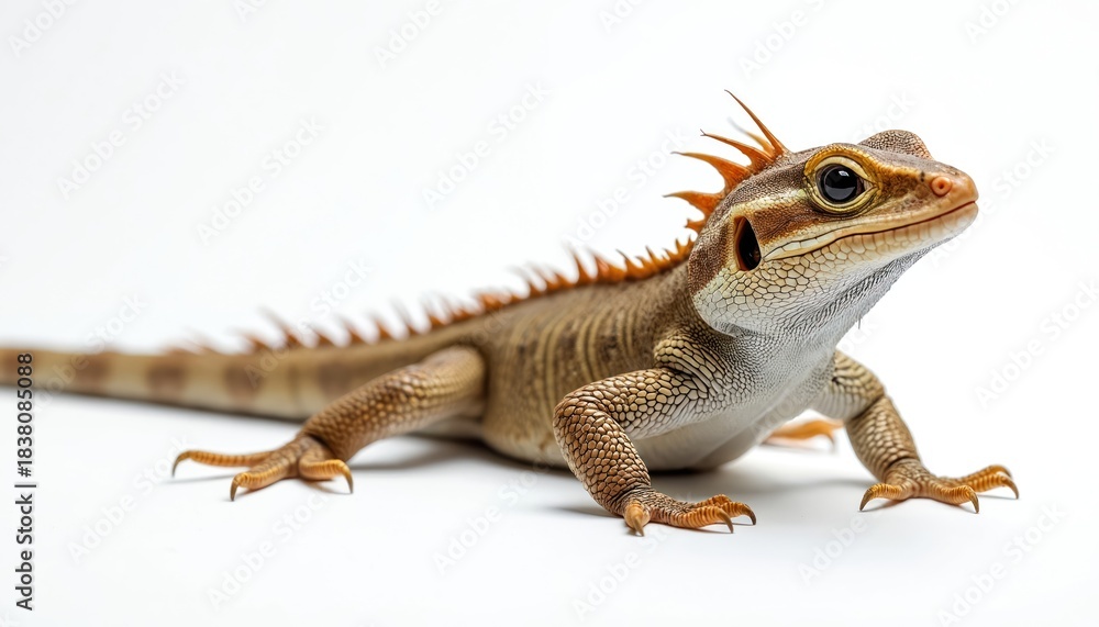 Fototapeta premium Illustration presents a detailed house lizard isolated against white backdrop. Reptile displays textured scales brown hue and spiky dorsal ridge. The reptile is a wildlife animal.
