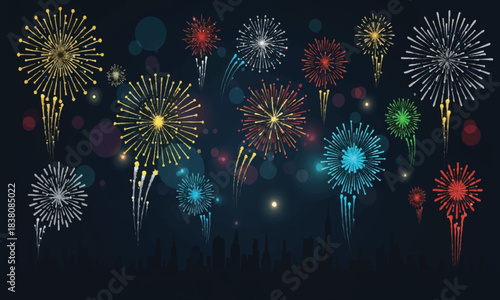 Colorful Fireworks Celebration Over City Skyline at Night – Vector Illustration