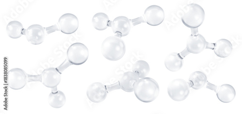 Set of transparent glass molecules model. 3D abstract molecular structures isolated on white background. Vector 3d illustration